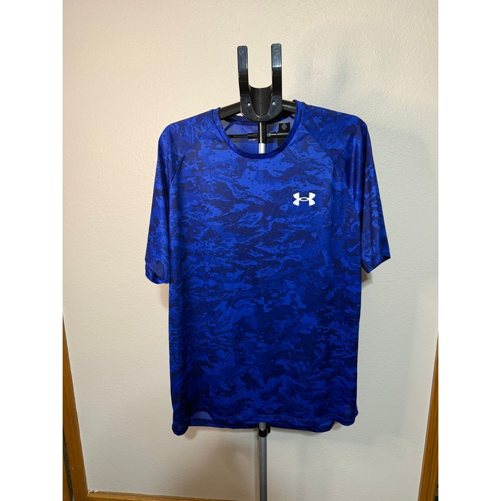 Under Armour Mens XXL Blue Digital Camo HeatGear Loose Fit Short Sleeve Shirt